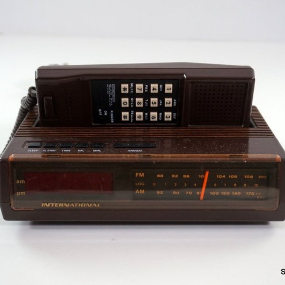 International Clock Radio Alarm & Phone Combo Model 398 Wood Grain Tested Brown